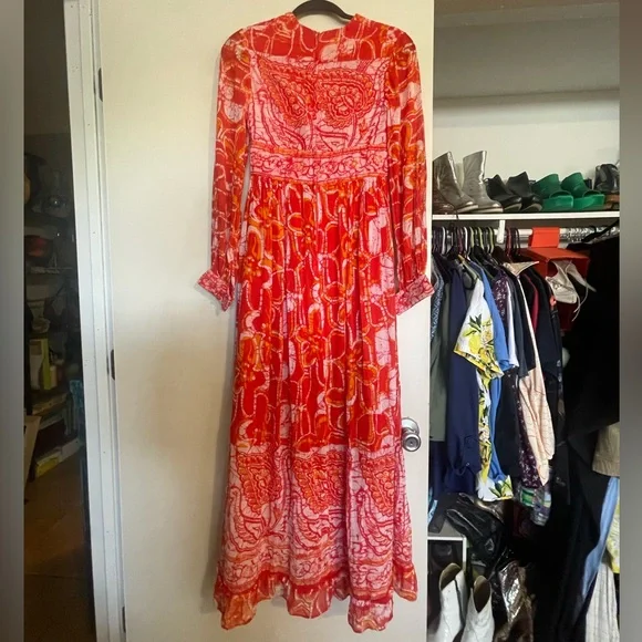 Vintage Antique Flair Batik Long Sleeve Paisley Cotton Dress